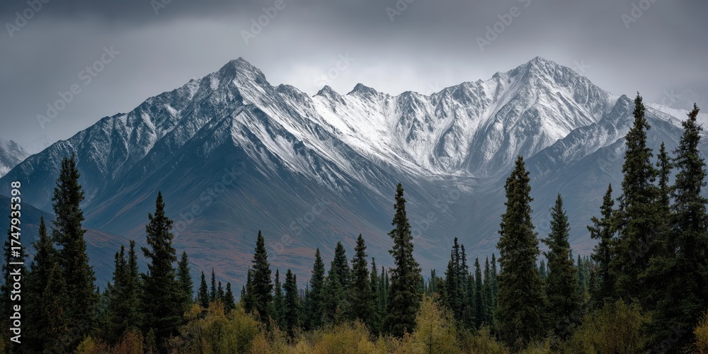 Obraz premium Majestic Mountain Panorama: A breathtaking vista unfolds as towering snow-capped peaks dominate the landscape, their grandeur complemented by the verdant foreground of trees and the vast.