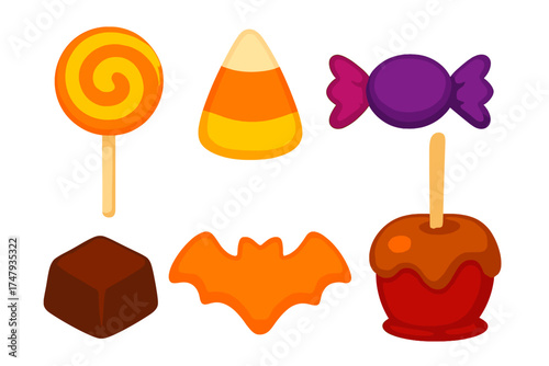 Colorful assortment of Halloween sweets and sugary snacks including lollipop and caramel apple
