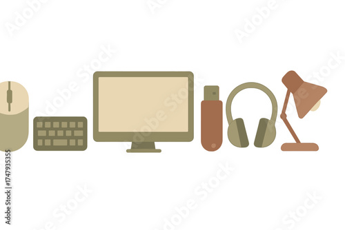 Essential computer peripherals and office equipment arranged horizontally in earthy tones