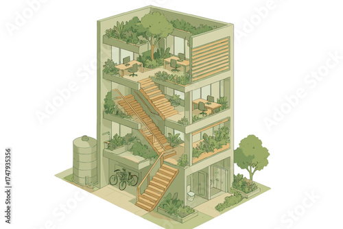 Sustainable multi-story office building cross-section with external wooden staircase and abundant interior greenery