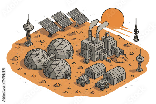 Futuristic space colony base on a desolate red planet with geodesic domes and industrial facilities