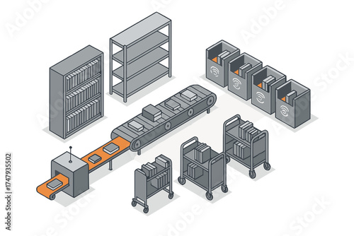 Isometric view of an automated logistics system for books with conveyor belts and sorting bins