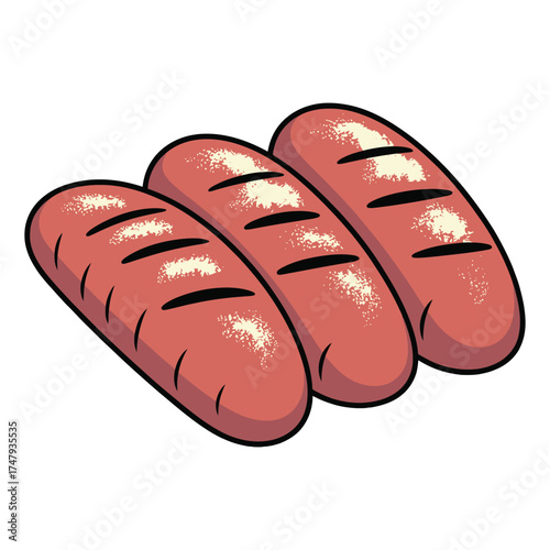 Illustration of three grilled sausages, a popular food for barbecue