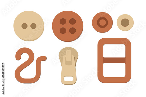 Set of essential clothing fasteners including buttons, zipper pull, rectangular buckle, and hook