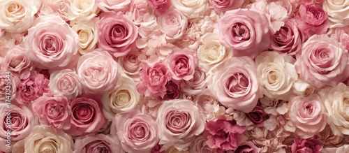 Fototapeta Naklejka Na Ścianę i Meble -  Close-up of a profusion of pastel pink and cream roses