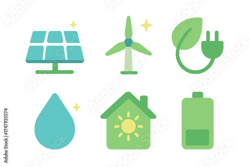 Flat design symbols for renewable energy, environmental protection, solar power, and wind turbines