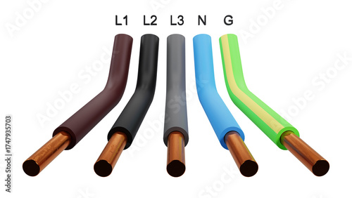 Obraz na płótnie 3D rendering of Standard color code for electrical wiring on a white background,