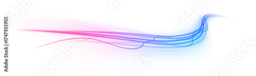 Glowing neon wave trail, electric energy flow in smooth curves. Abstract light motion vector. Futuristic glowing streaks in blue and pink hues. PNG