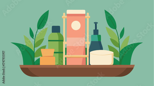 A lavish spa kit featuring neatly arranged organic skincare products in highquality packaging set within an opulent bamboo tray.