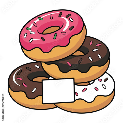 A stack of three delicious donuts with pink, chocolate, and white frosting
