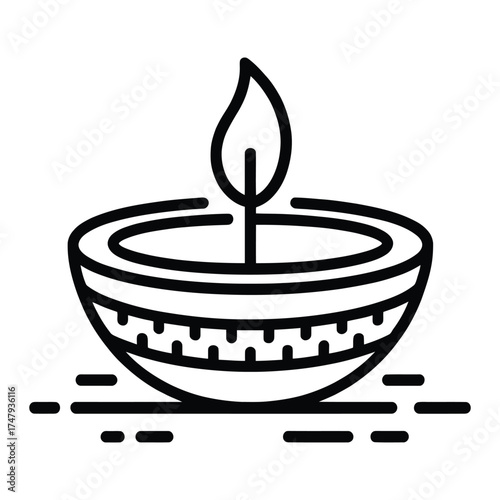A simple line drawing of a diya lamp, a traditional oil lamp