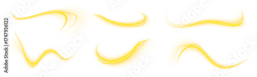 Glowing neon light ribbons twisting in a spiral vortex. Futuristic energy vector illustration. Abstract dynamic curves in yellow shades.