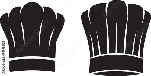 Vector illustration of professional black chef hats. Essential kitchen headwear icons for culinary branding, restaurant menus, food service, and cooking projects