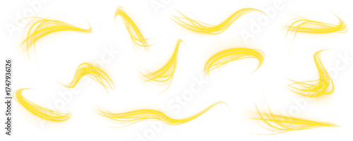 Neon spiral waves with radiant motion trails. Futuristic light tunnel effect. Abstract vector streaks in yellow gradients. PNG