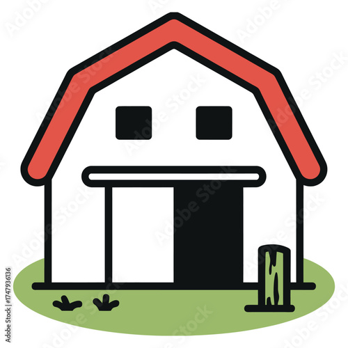Illustration of a red roofed barn with a sliding door and a small wooden fence