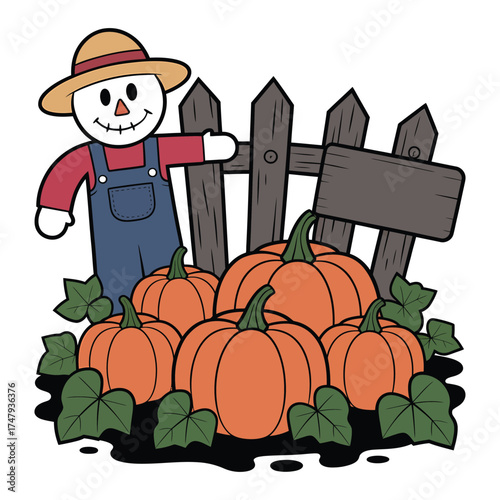 A charming illustration of a scarecrow standing guard over a bountiful pumpkin patch