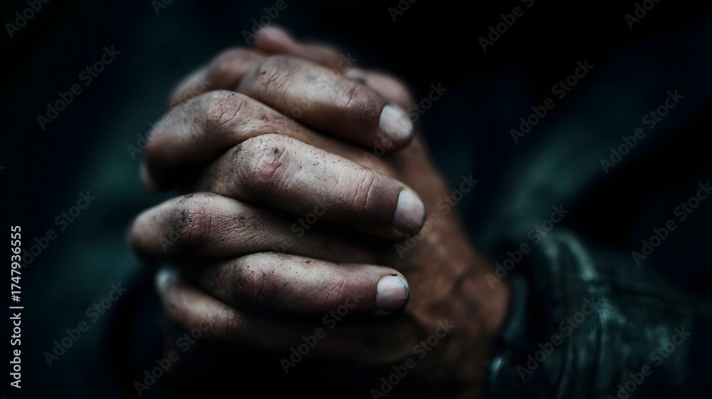 Fototapeta premium Weathered hands clasped tightly in solemn prayer illuminated by dramatic light against a dark background