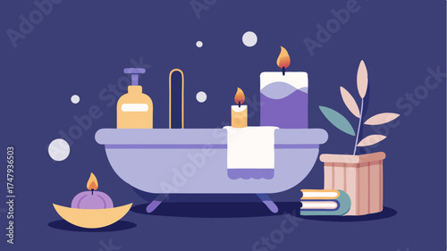 A selfcare evening setup with a bathtub filled with bubbles scented candles and a tray holding essential oils and a book.