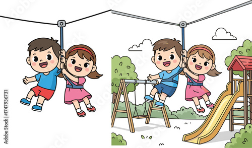 Children Riding Zip Line in Playground, Outdoor Fun, Joyful Motion, Summer Activity, Adventure Play, Smiling Kids, Nature, Recreation