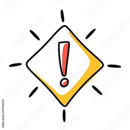 Hand drawn exclamation mark in yellow diamond shape for attention concept