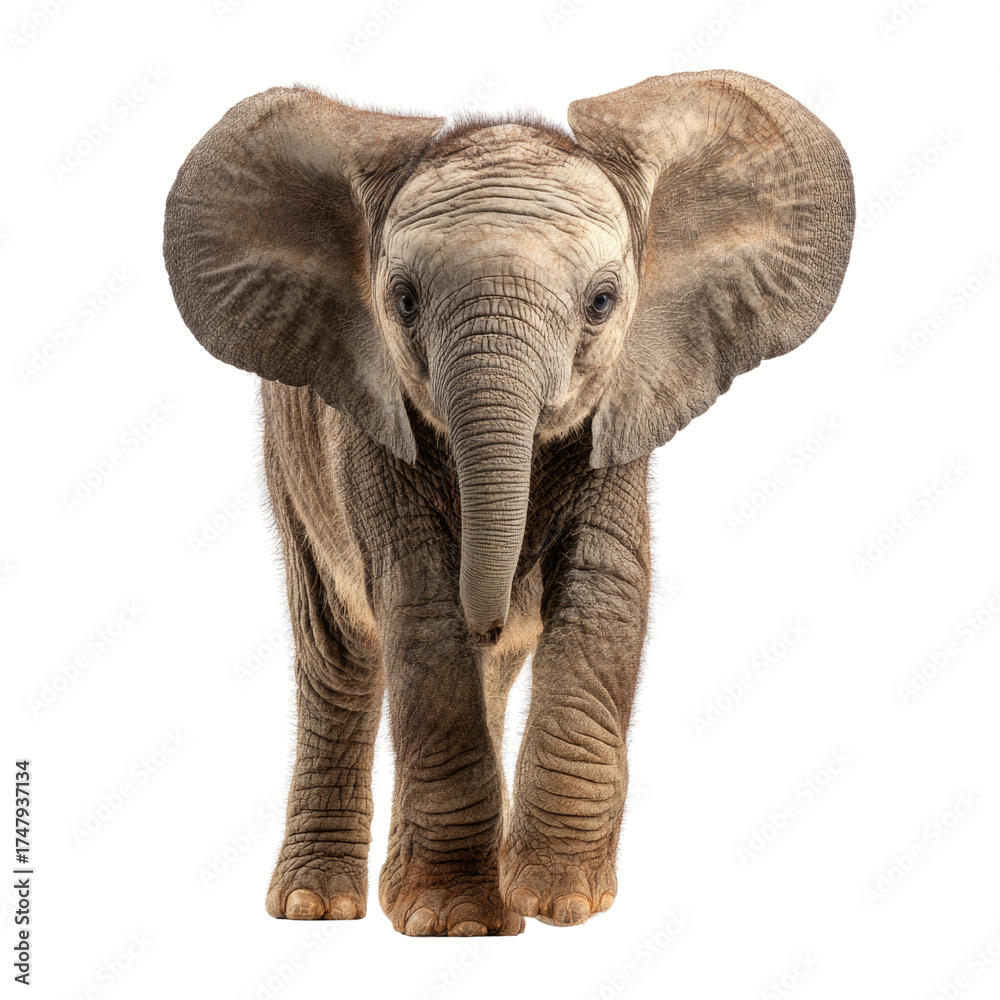 Obraz premium An adorable baby elephant stands directly facing the viewer, showcasing its large ears, curious eyes, and wrinkled skin prominently. background removed