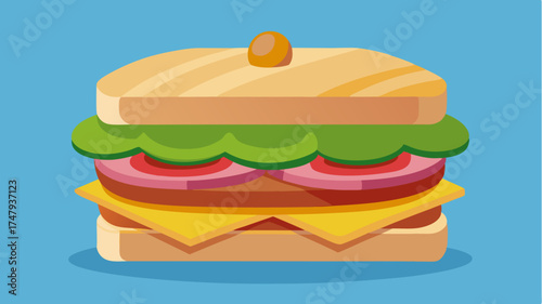 A hearty sandwich filled with layers of deli meats cheeses and vegetables served with a pickle on the side.