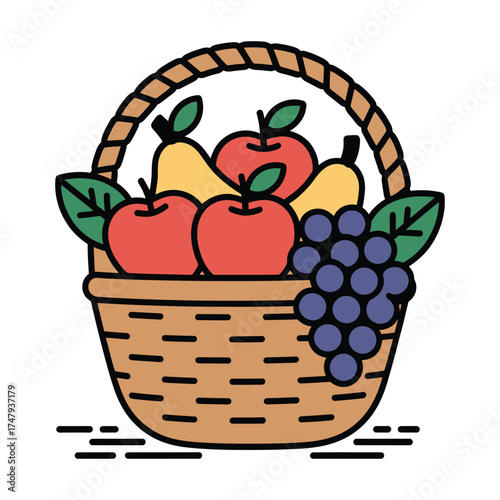 Illustration of a basket full of fruit, a colorful and healthy assortment