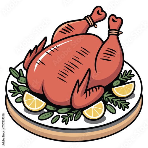 Roasted turkey on a platter, garnished with lemon and herbs, a festive holiday meal