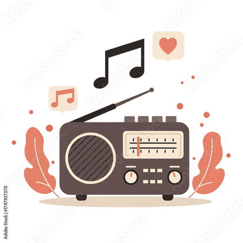 Retro radio tuner with music notes and heart, flat vector, brown and coral, broadcast and nostalgia