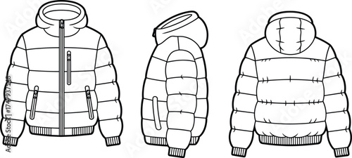 Puffer jacket fashion flat illustration with hood, zipper, quilted texture, front, side, and back views for garment design