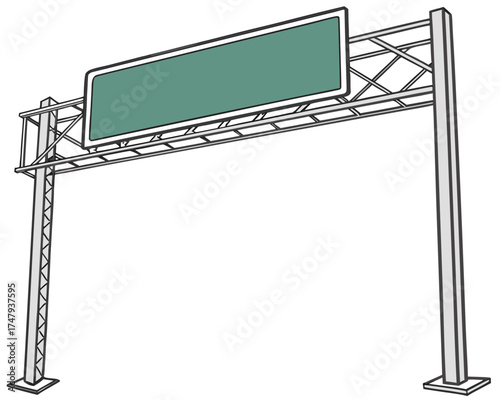 A blank highway overhead sign. It features a rectangular, slightly dull green sign with a white border, mounted on a metallic truss or gantry supported by two vertical poles.