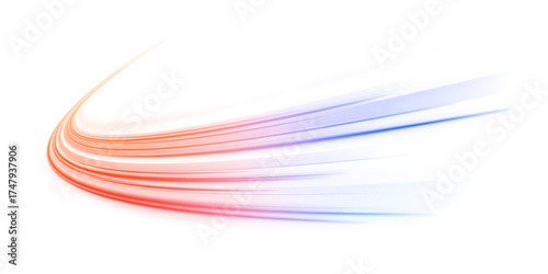 Neon swirling ribbons with dynamic light trails. Futuristic glowing energy effect. Abstract curved streaks in purple and red shades. PNG