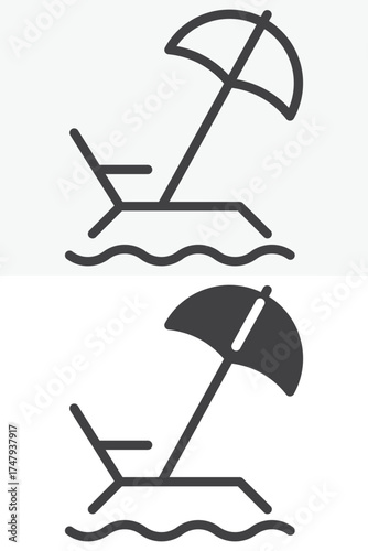 Sunbed with beach umbrella line and solid different style icon set pack
