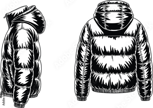 Puffer jacket fashion flat illustration with side and back views, quilted texture, hood, zipper, and garment construction sketch