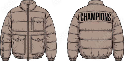 Puffer jacket fashion illustration with front and back views, quilted design, branding detail, vector apparel template for clothing and retail