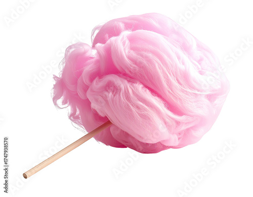Fluffy pink confection on a wooden stick against a transparent black background