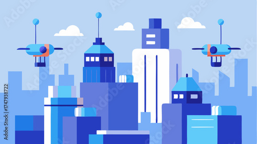 A futuristic cityscape with autonomous drones flying overhead delivering packages while integrated AI systems manage traffic and logistics from a central control hub.