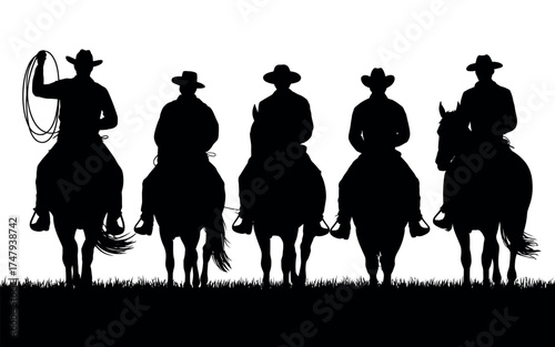 A black and white silhouette of five cowboys on horseback in a classic American Western scene