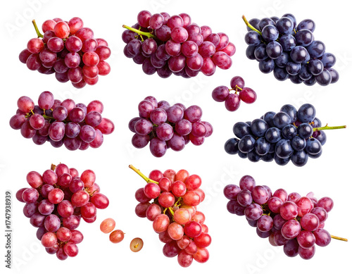 Variety of fresh grapes, red, purple, and dark blue, arranged on black