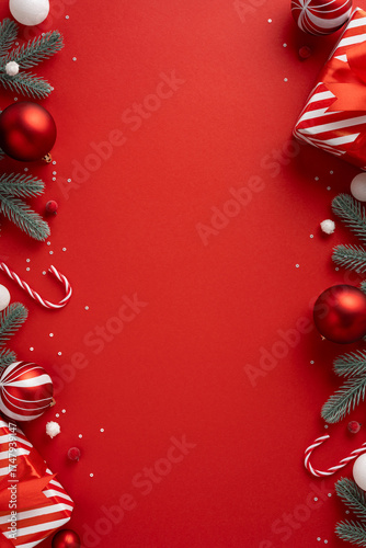 A vertical holiday scene features a red background framed by candy cane, gift and pine branch accents, creating a festive mood for Christmas and New Year greeting in a bright seasonal layout © ActionGP