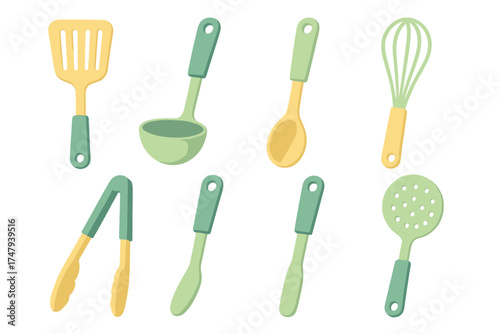 Set of colorful kitchen tools including spatula ladle whisk and tongs for cooking