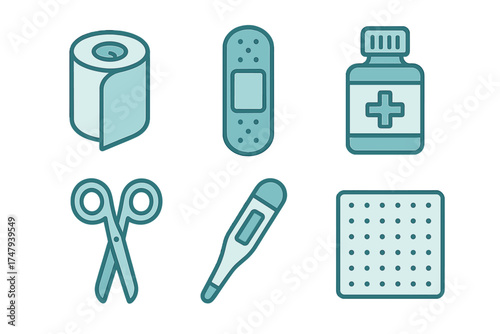 Essential medical supplies set featuring first aid items like bandages, scissors, and medicine