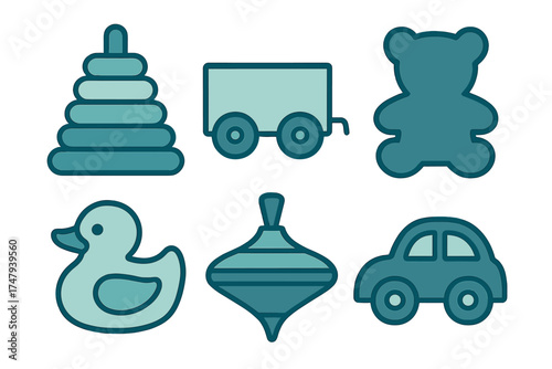 Classic baby and toddler toys set featuring a teddy bear, rubber duck, stacking rings, and toy car