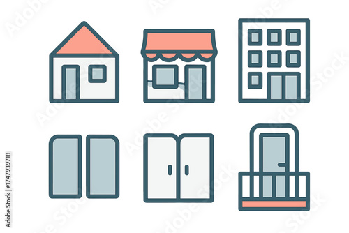 Simple architectural icons collection featuring residential house, commercial shop, apartment building, windows, and balcony
