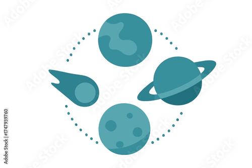 Minimalist flat design of space objects orbiting in a circle: planets, moon, and comet