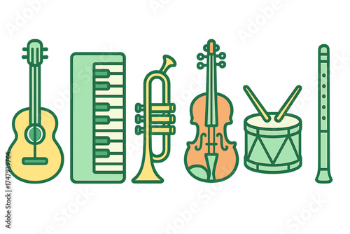 Set of musical instruments including guitar, piano, trumpet, violin, drum, and flute