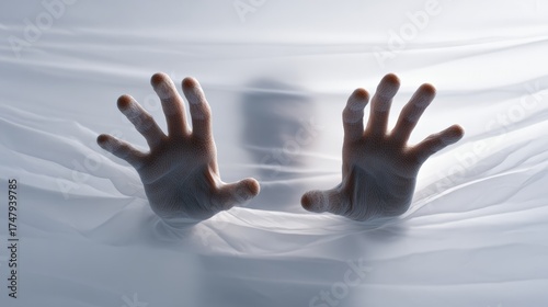 Hands with splayed fingers press against a stretched, translucent white fabric from behind, depicting a person feeling claustrophobic, trapped, and struggling with confinement or suffocation