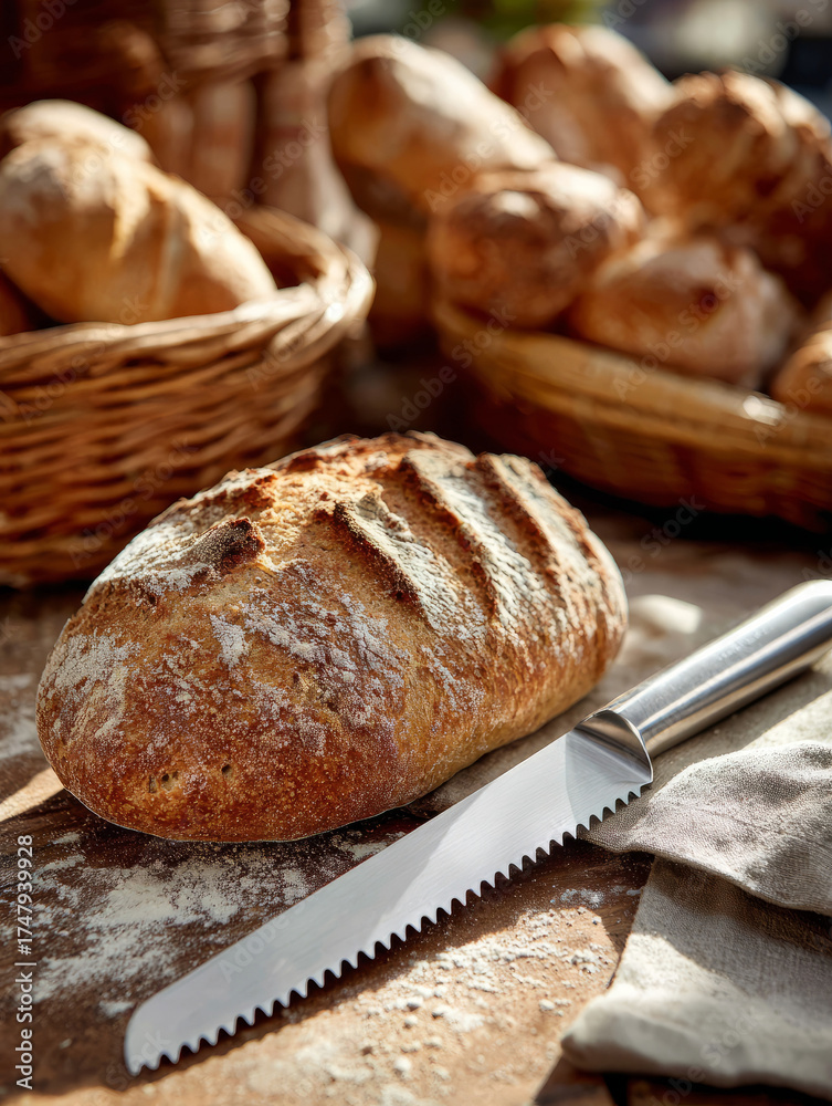 Naklejka premium Fresh artisan bread loaf with knife on rustic kitchen table.