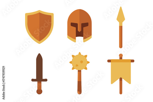Ancient war equipment set featuring shield helmet spear sword mace and flag