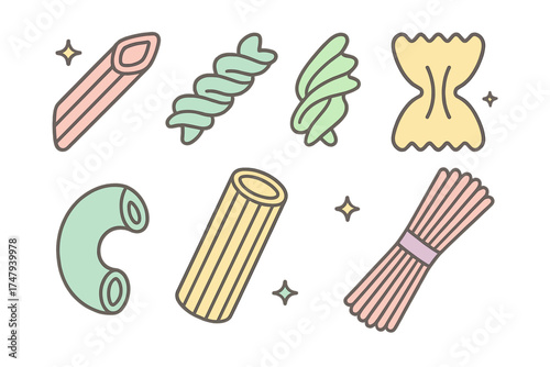 Assortment of popular Italian pasta shapes in soft pastel colors isolated on white background